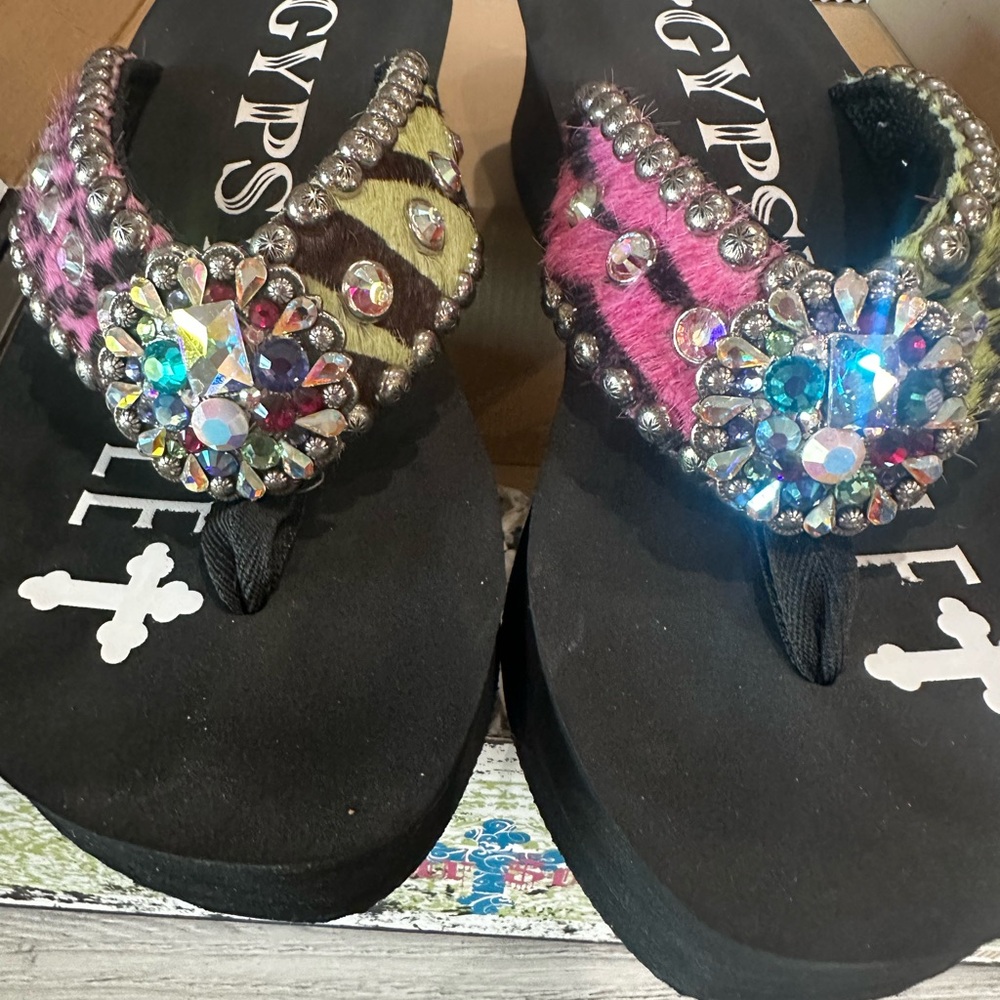 Black Gem-Embellished Animal Print Wedge Sandals